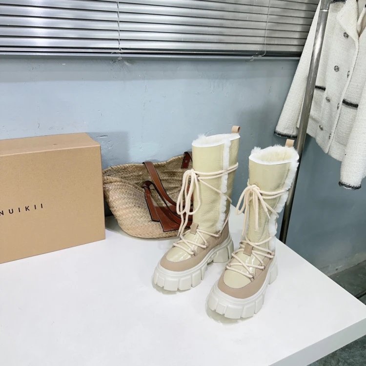 INU IKII Chunky Lace-Up Shearling-Lined Winter Boots Beige - 18