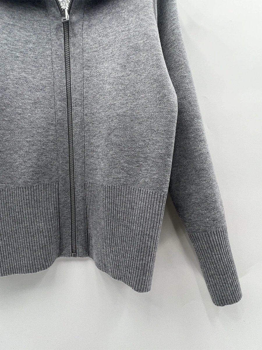 Navy Blue Zip-Front Sailor Collar Knit Cardigan - 5