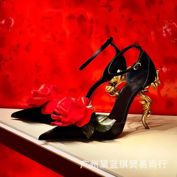 Christian Louboutin Rose-Embellished Ankle-Strap Stilettos Black Heels - 3