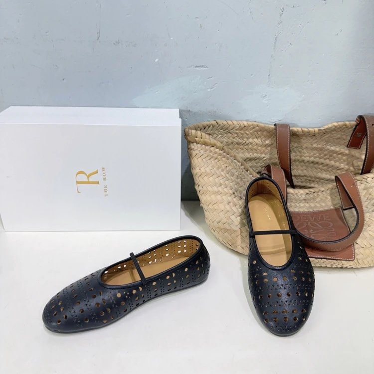 The Row Perforated Mary Jane Flats Black Shoes - 12