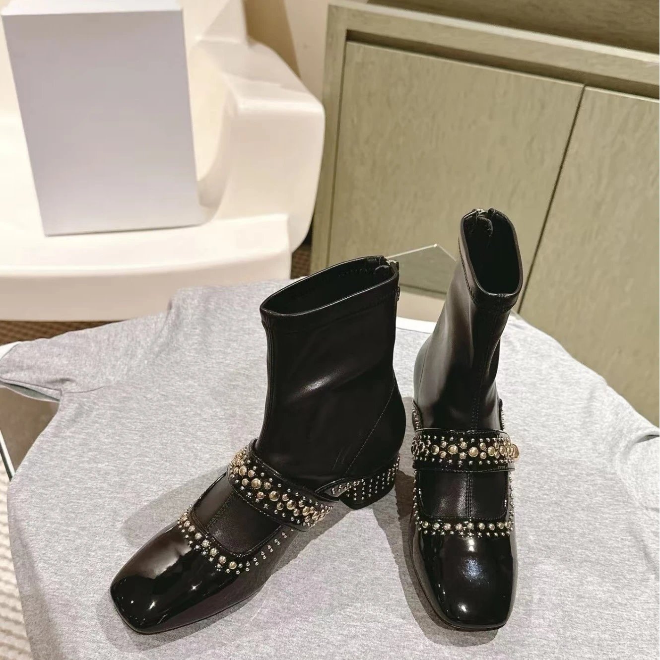 Unbranded Boots Square-Toe Studded Strap Block-Heel Ankle image 4