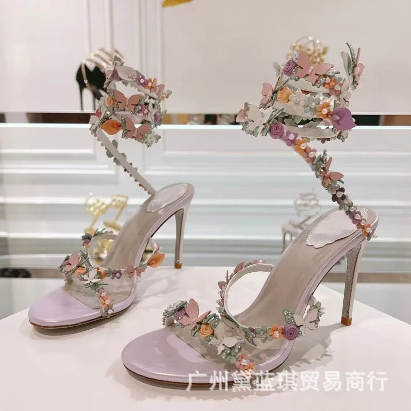 Handcrafted Floral Embellished Lilac Block Heel Sandals - 4
