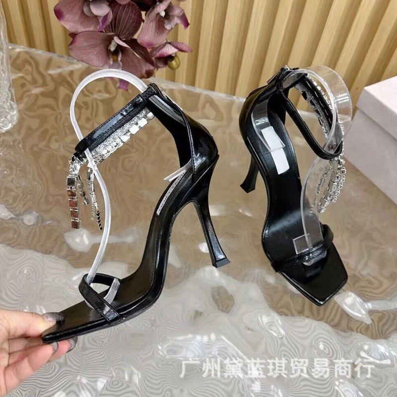 Transparent Strap Chain-Embellished Black Square-Toe Stiletto Heels - 4