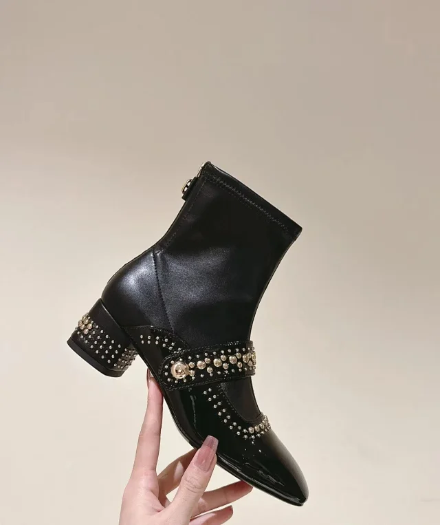 Unbranded Boots Square-Toe Studded Strap Block-Heel Ankle product detail image 7