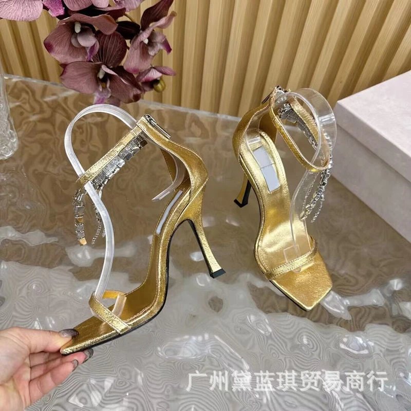Transparent Strap Chain-Embellished Black Square-Toe Stiletto Heels - 10