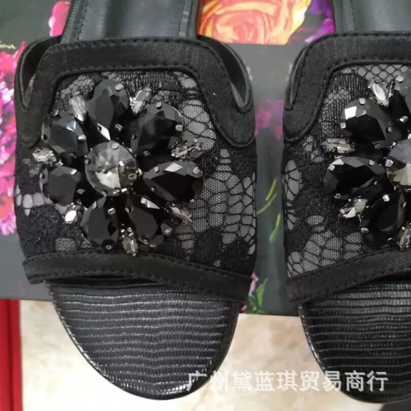 Dolce & Gabbana Floral Embellished Black Lace Slippers - 5