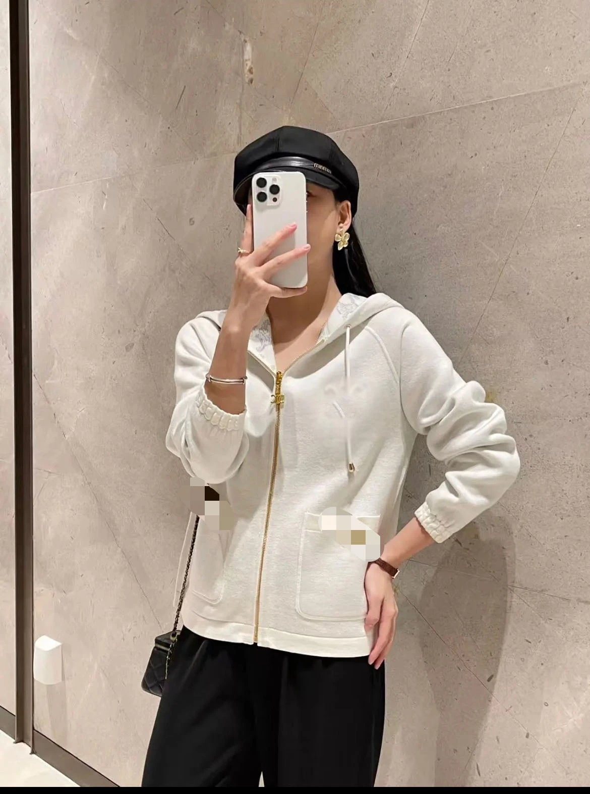 Celine Triomphe Jacquard Hooded Zip-Up Jacket Beige Brown - 7