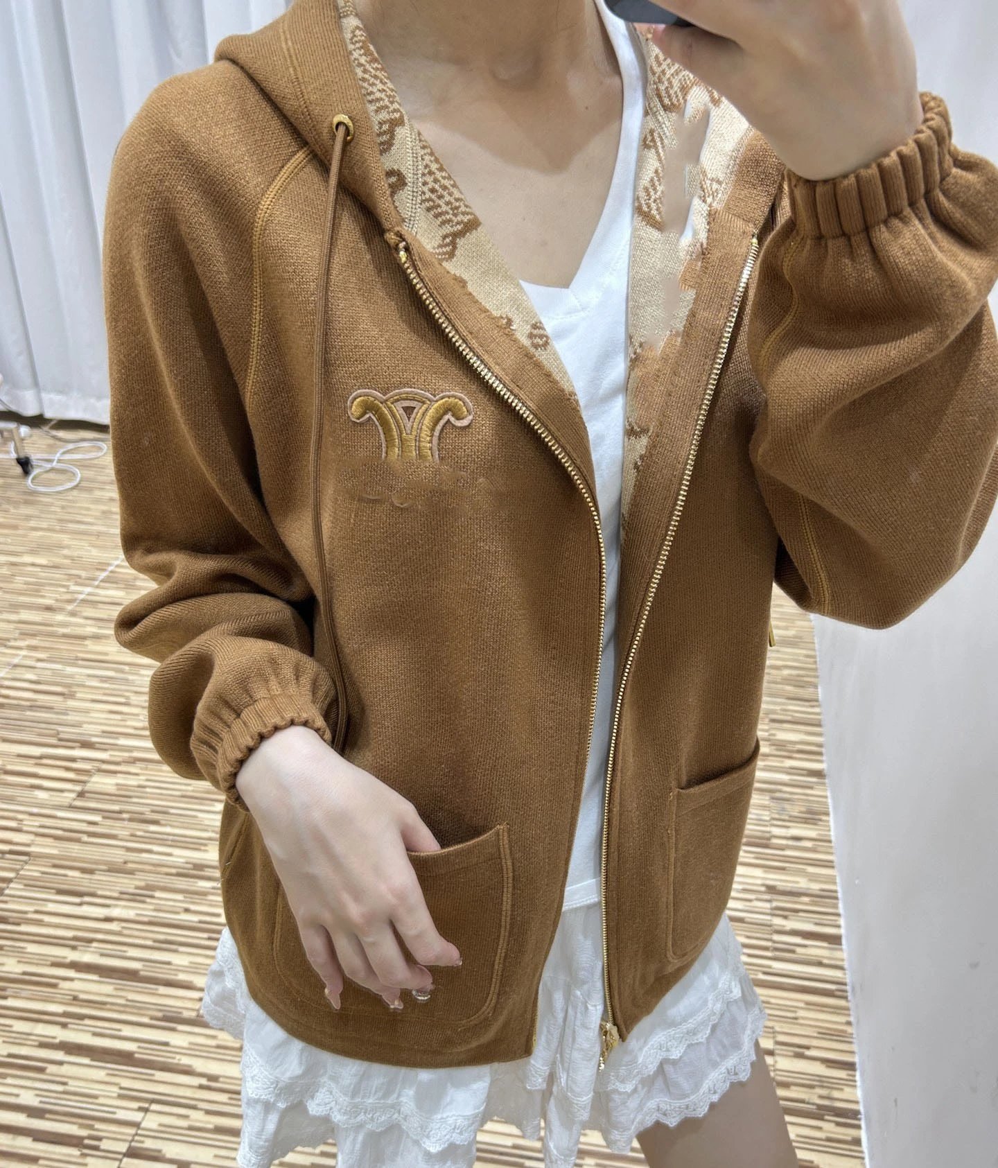 Celine Triomphe Jacquard Hooded Zip-Up Jacket Beige Brown - 10