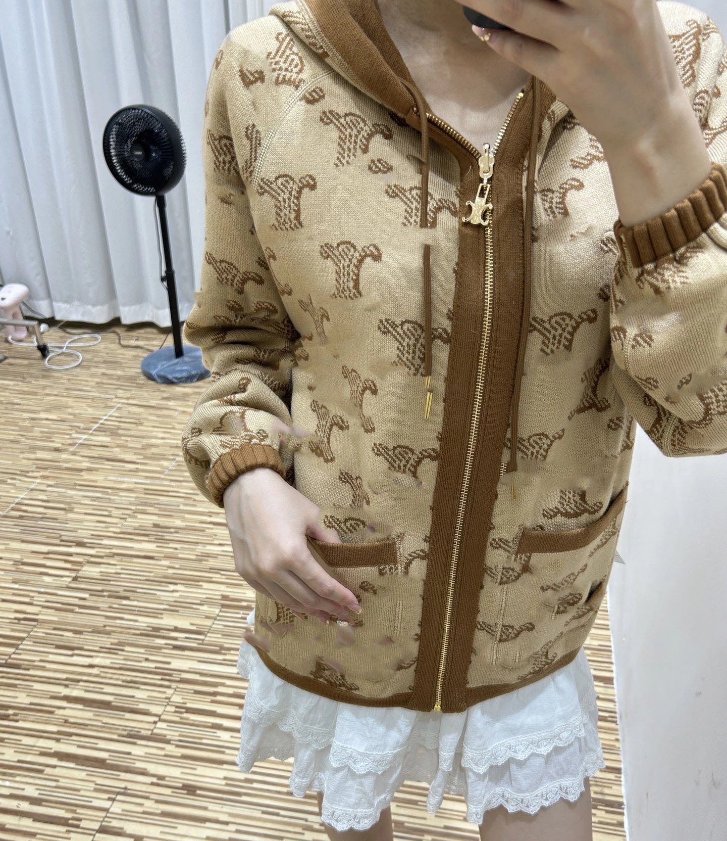 Celine Triomphe Jacquard Hooded Zip-Up Jacket Beige Brown - 13
