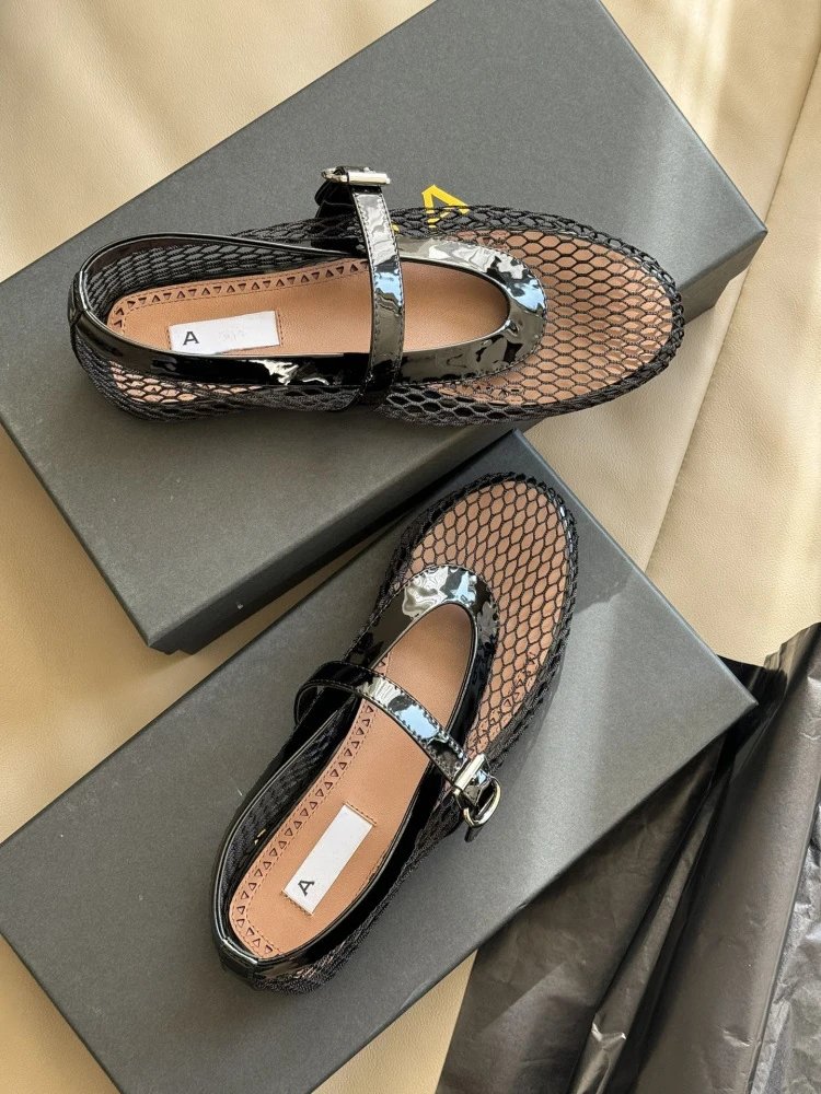 WOMANBY A VOYVES Mesh Mary Jane Flat Black Shoes - 14
