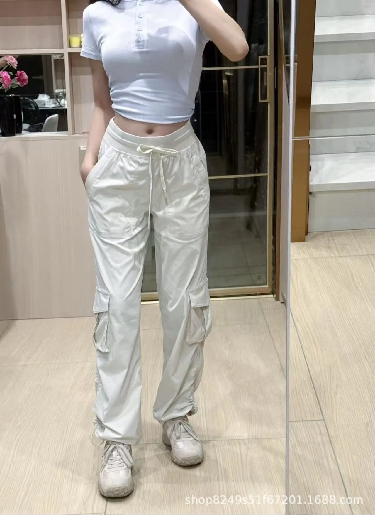 Design Cargo Pants in Off-White with Drawstring Waist and Utility Pockets