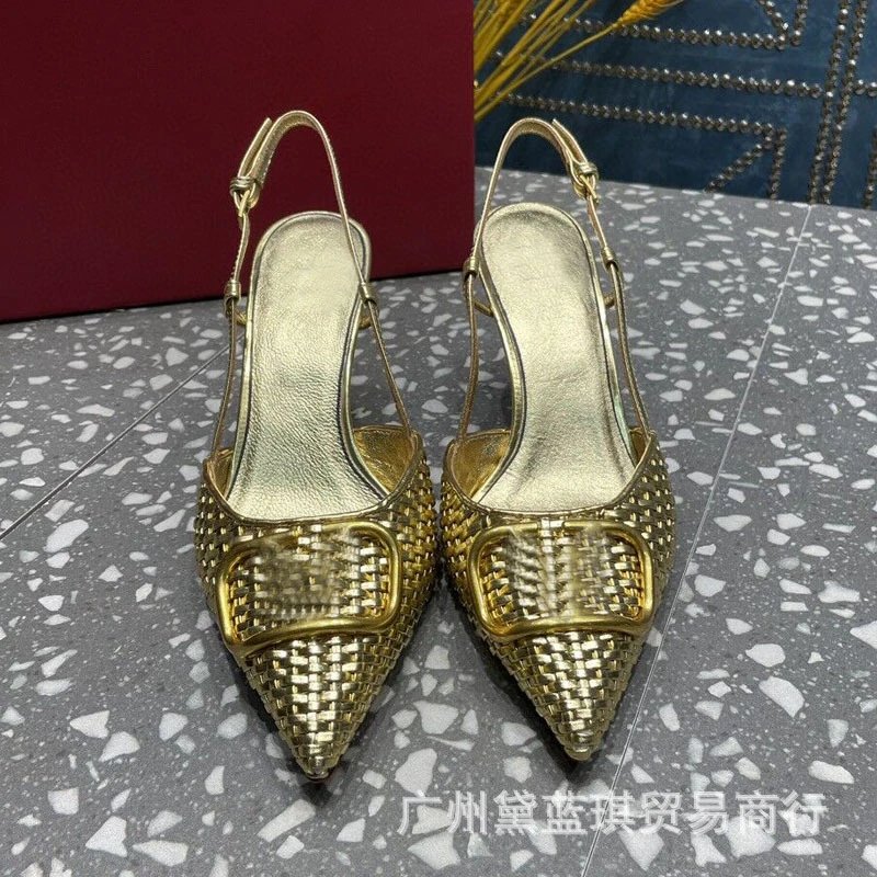 Bottega Veneta Inspired Woven Slingback Pointed-Toe Heels Black - 5