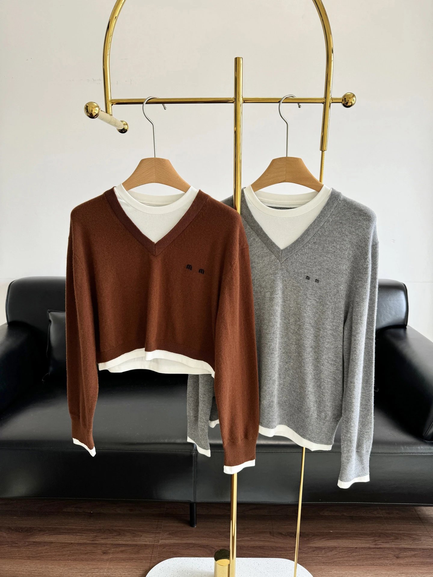 MMY Layered V-Neck Cropped Sweater Brown - 2
