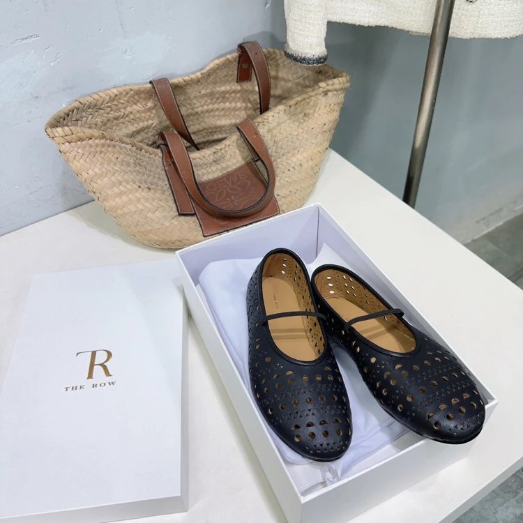 The Row Perforated Mary Jane Flats Black Shoes - 15