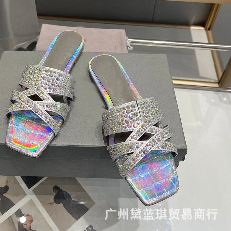 Red Crystal-Embellished Croc-Print Slide Sandals - 9