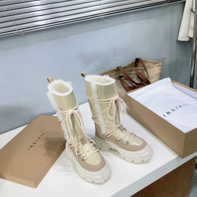 INU IKII Chunky Lace-Up Shearling-Lined Winter Boots Beige - 14