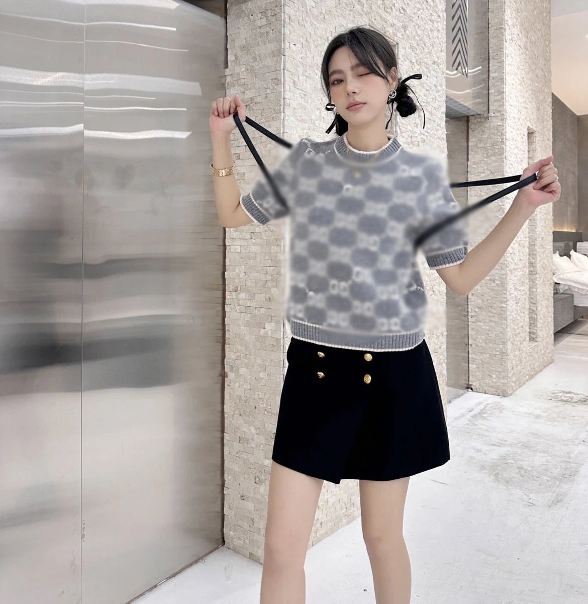 Gucci GG Embroidered Knit Short-Sleeve Sweater Beige - 18