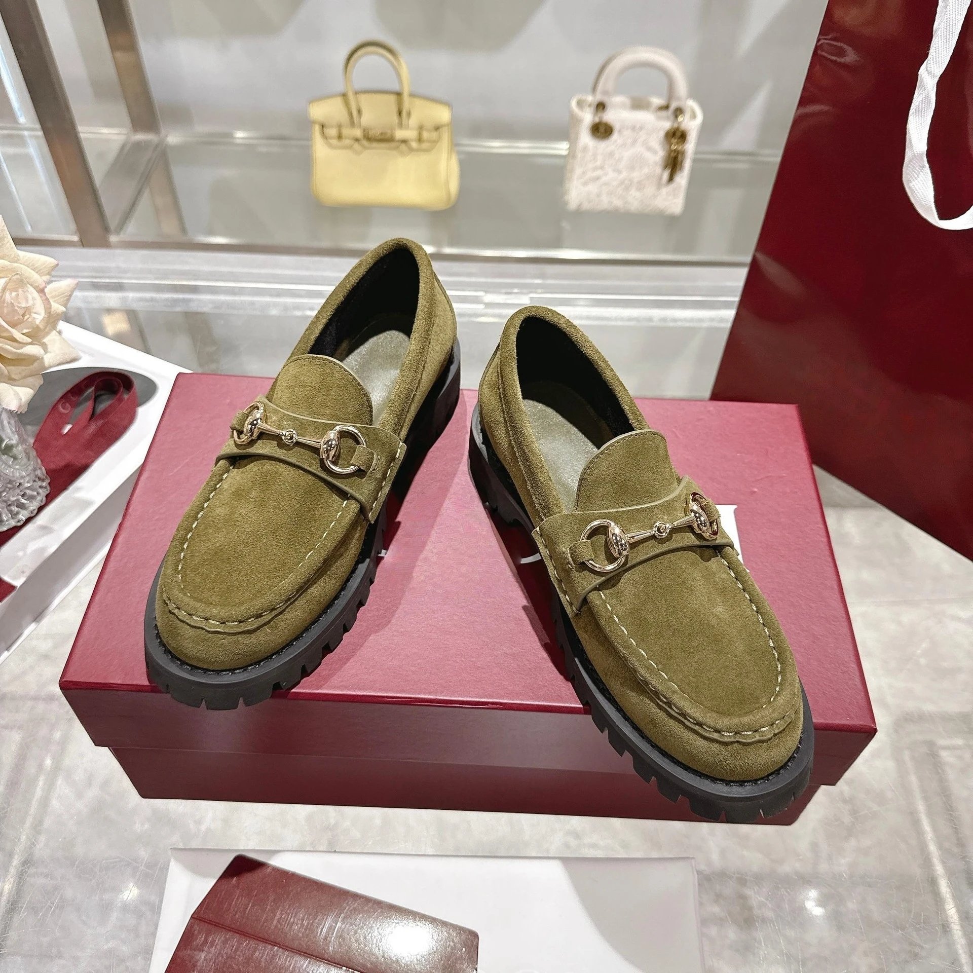 Gucci Horsebit Loafer Olive Green Suede Chunky Sole Loafers - 2