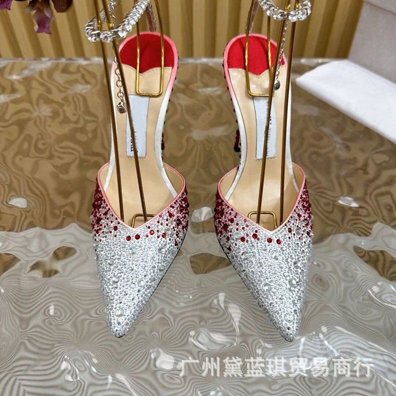 Emerald Crystal-Embellished Stiletto Heels with Gold Wire Straps - 5