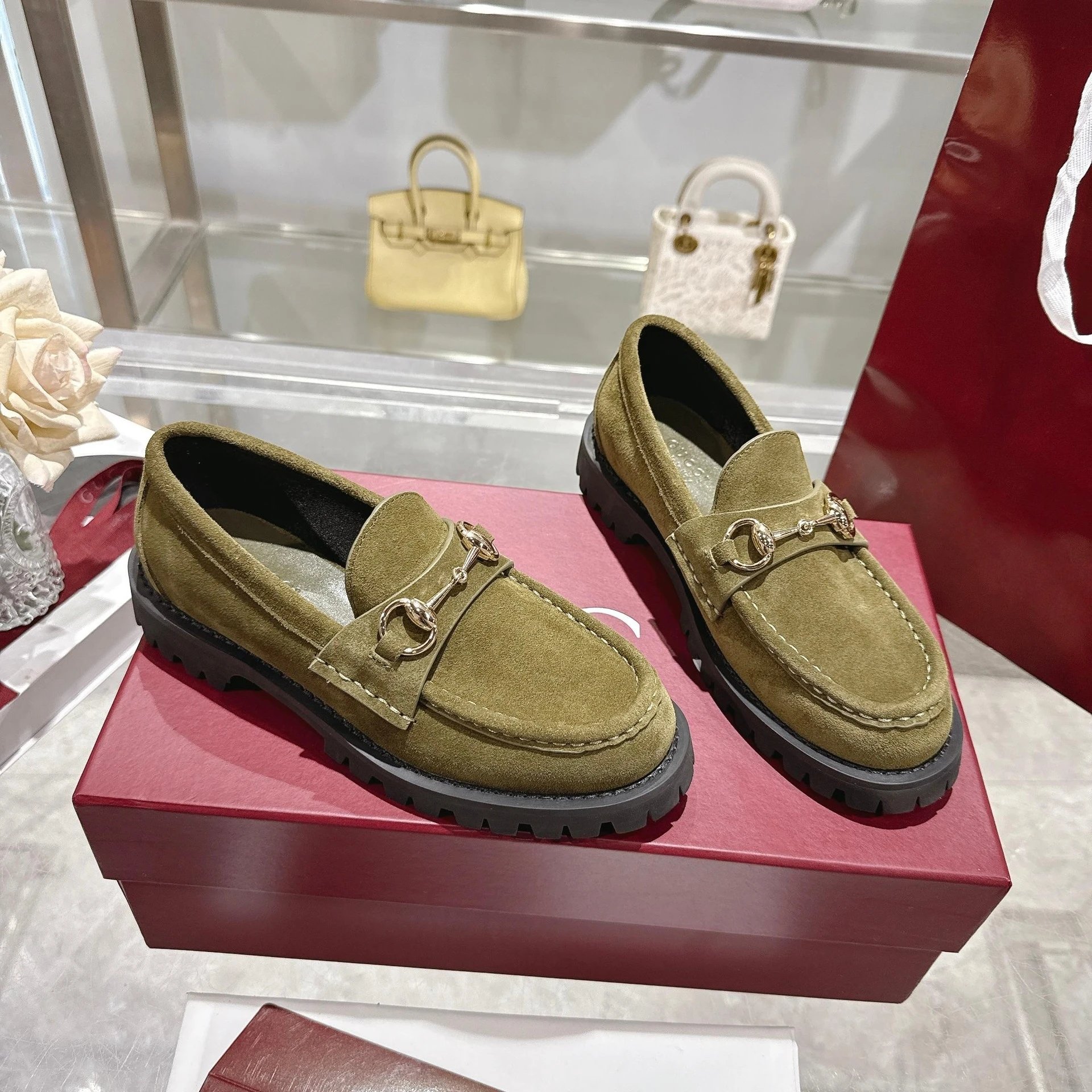 Gucci Horsebit Loafer Olive Green Suede Chunky Sole Loafers - 3