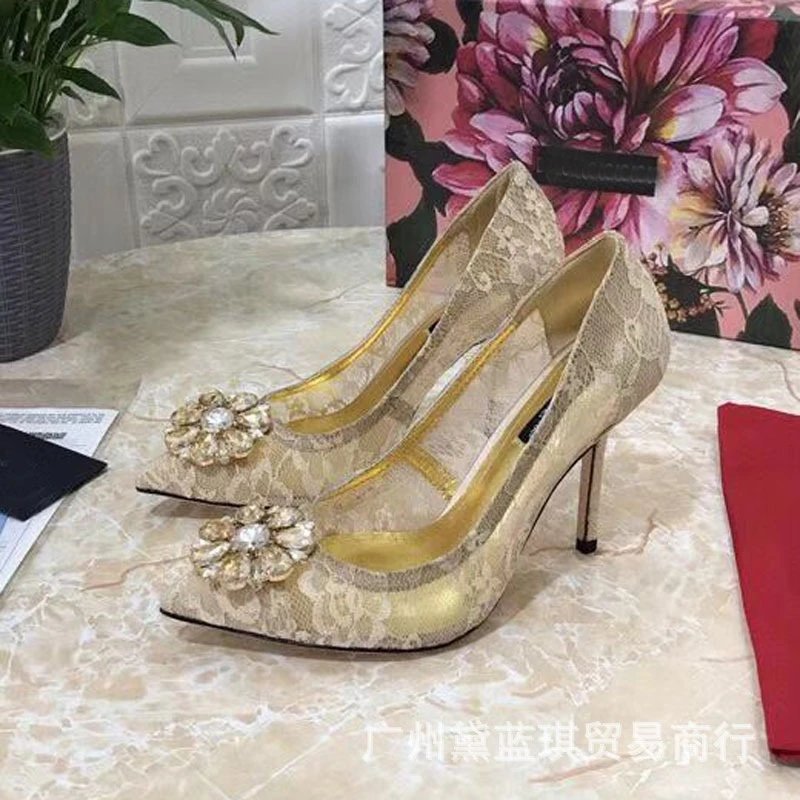 Dolce & Gabbana Lace-Embellished Crystal Floral Pointed-Toe Stilettos Blue - 9