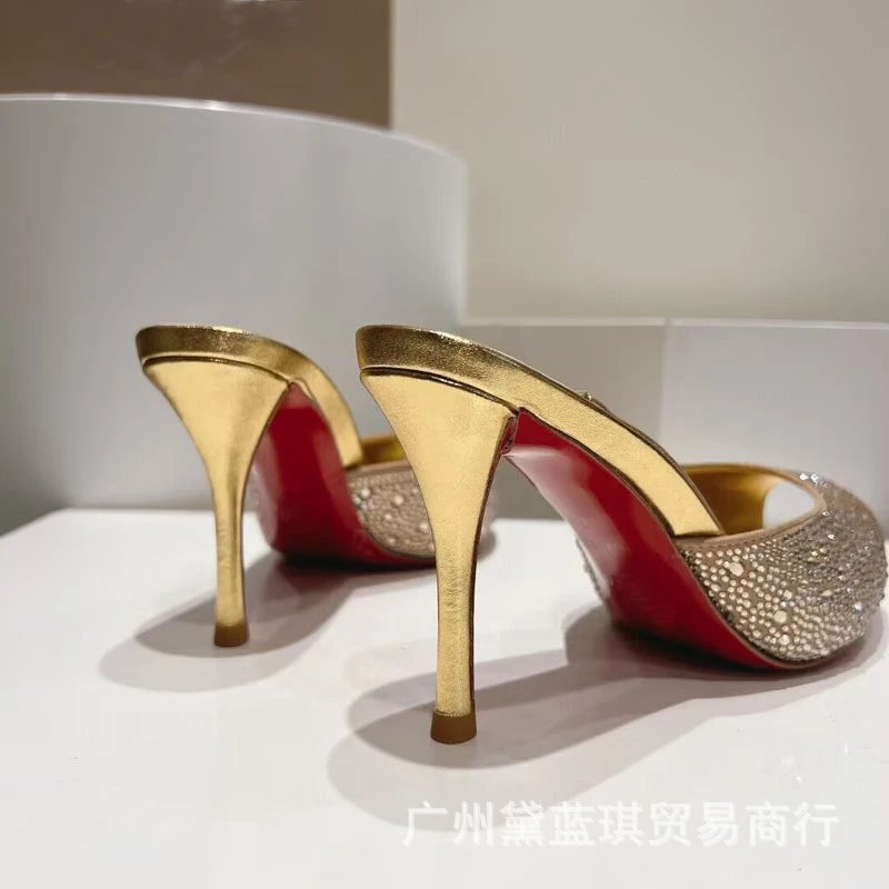 Christian Louboutin Daffodile Crystal-Embellished Gold Peep-Toe Mules - 5