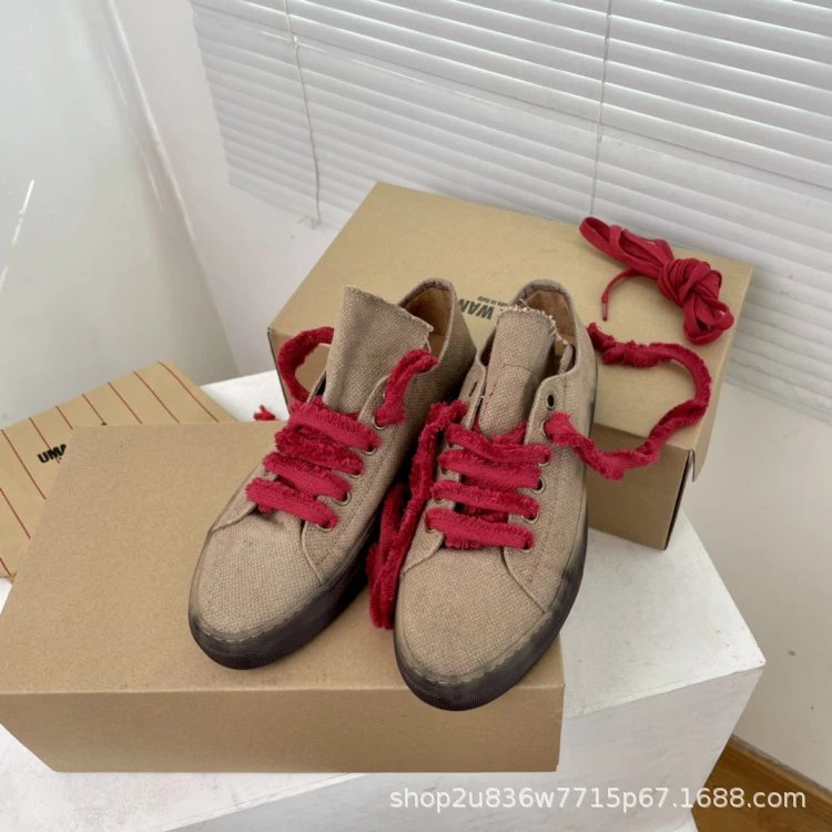 UMA Wang Canvas Sneakers Beige with Red Laces Casual Shoes - 3