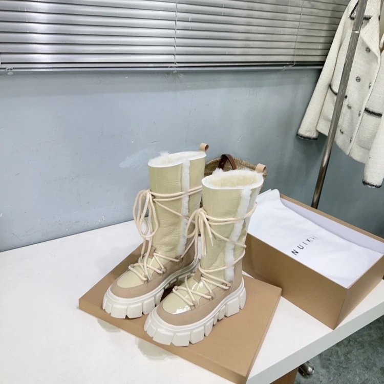 INU IKII Chunky Lace-Up Shearling-Lined Winter Boots Beige - 16