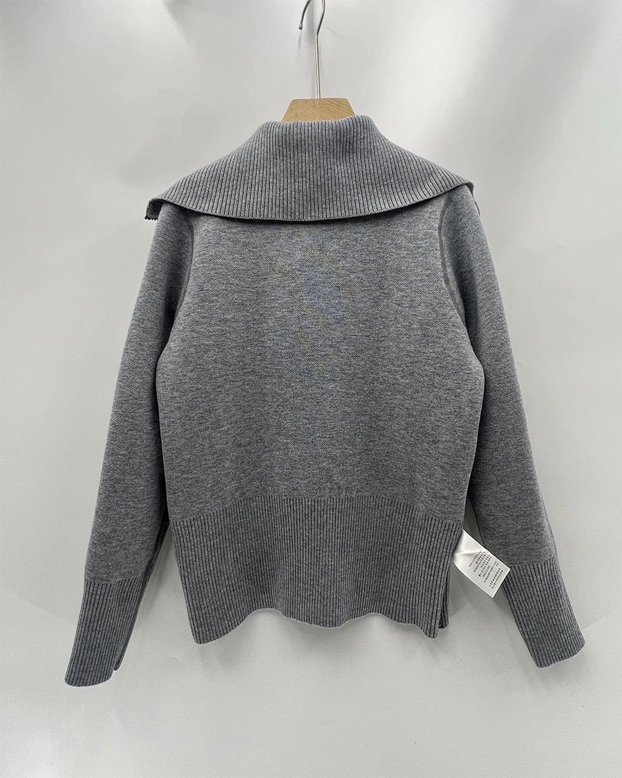 Navy Blue Zip-Front Sailor Collar Knit Cardigan - 4