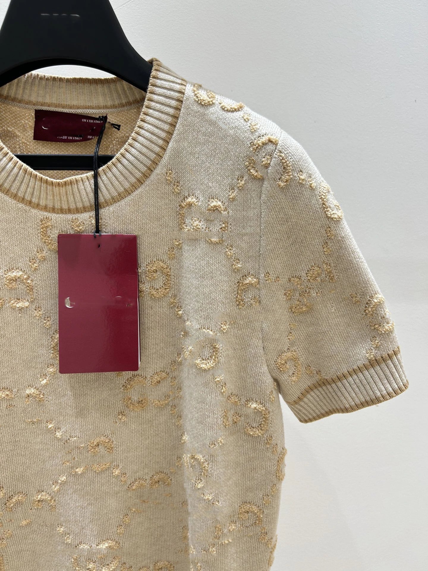 Gucci GG Embroidered Knit Short-Sleeve Sweater Beige - 6