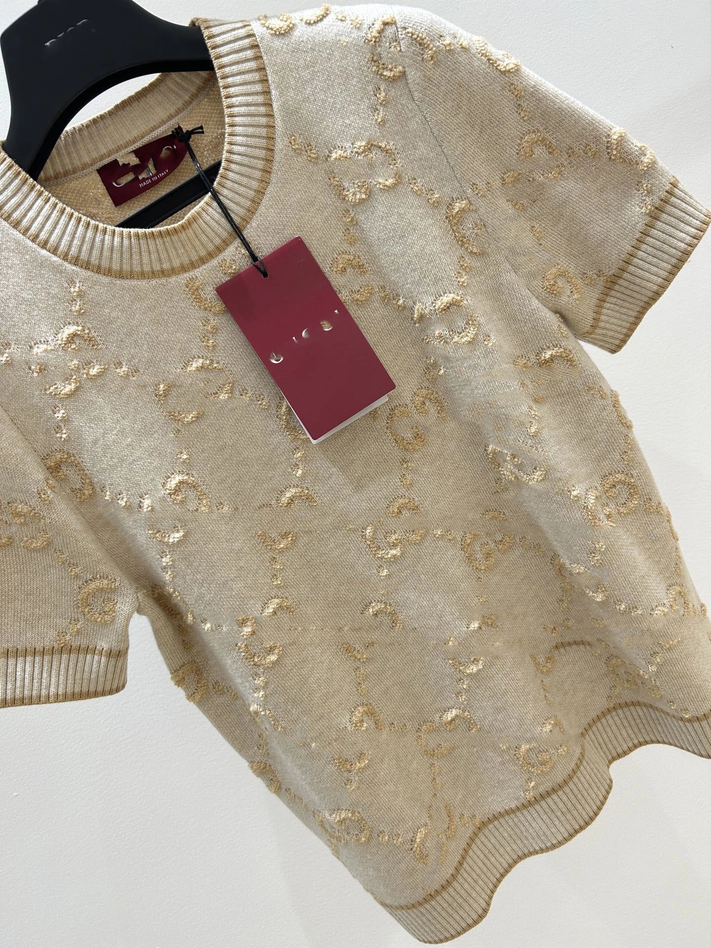 Gucci GG Embroidered Knit Short-Sleeve Sweater Beige - 11