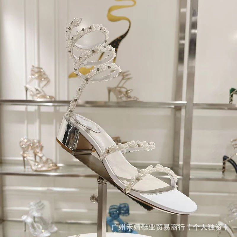 Pearl-Embellished Spiral Strap Block Heel Sandals Black - 6
