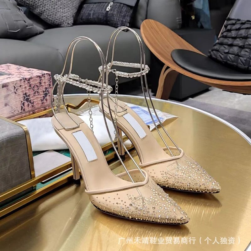 2024 Spring/Summer New Style Cowhide Crystal Mesh Pointed-Toe Rhinestone Chain Closed-Toe Open-Back Kitten & High Heel Sandals Sexy: findsindex.com