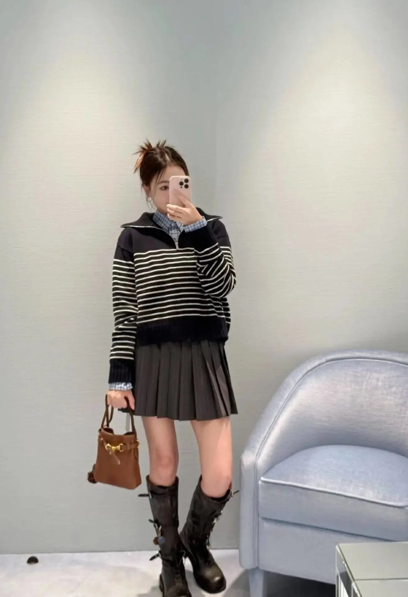 AMA Half-Zip Striped Knit Sweater Navy - 8