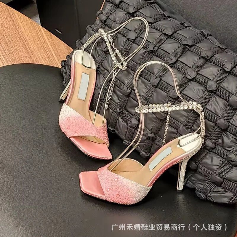 Design Pink Lace-Embellished Crystal Strap Block Heel Sandals - 9