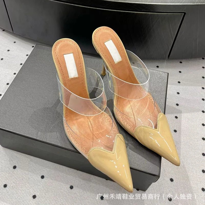 Transparent PVC Mule Heels with Black Patent Toe Cap Stilettos
