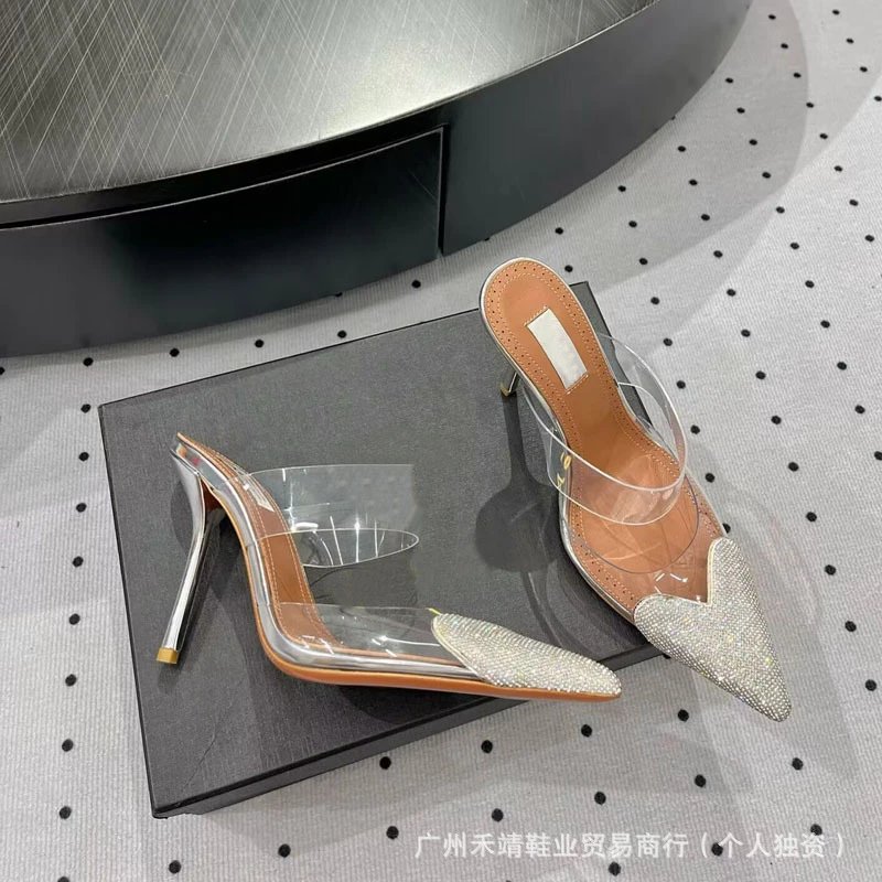 Clear Strap Pointed-Toe Mules Sky Blue Heels - 3