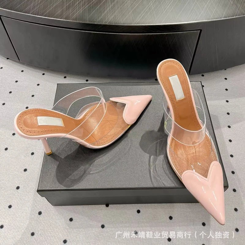 Clear Strap Pointed-Toe Mules Sky Blue Heels - 6