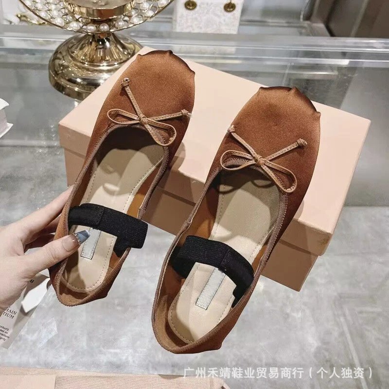 Ballet Flat with Bow Detail Beige Canvas Shoes - 5