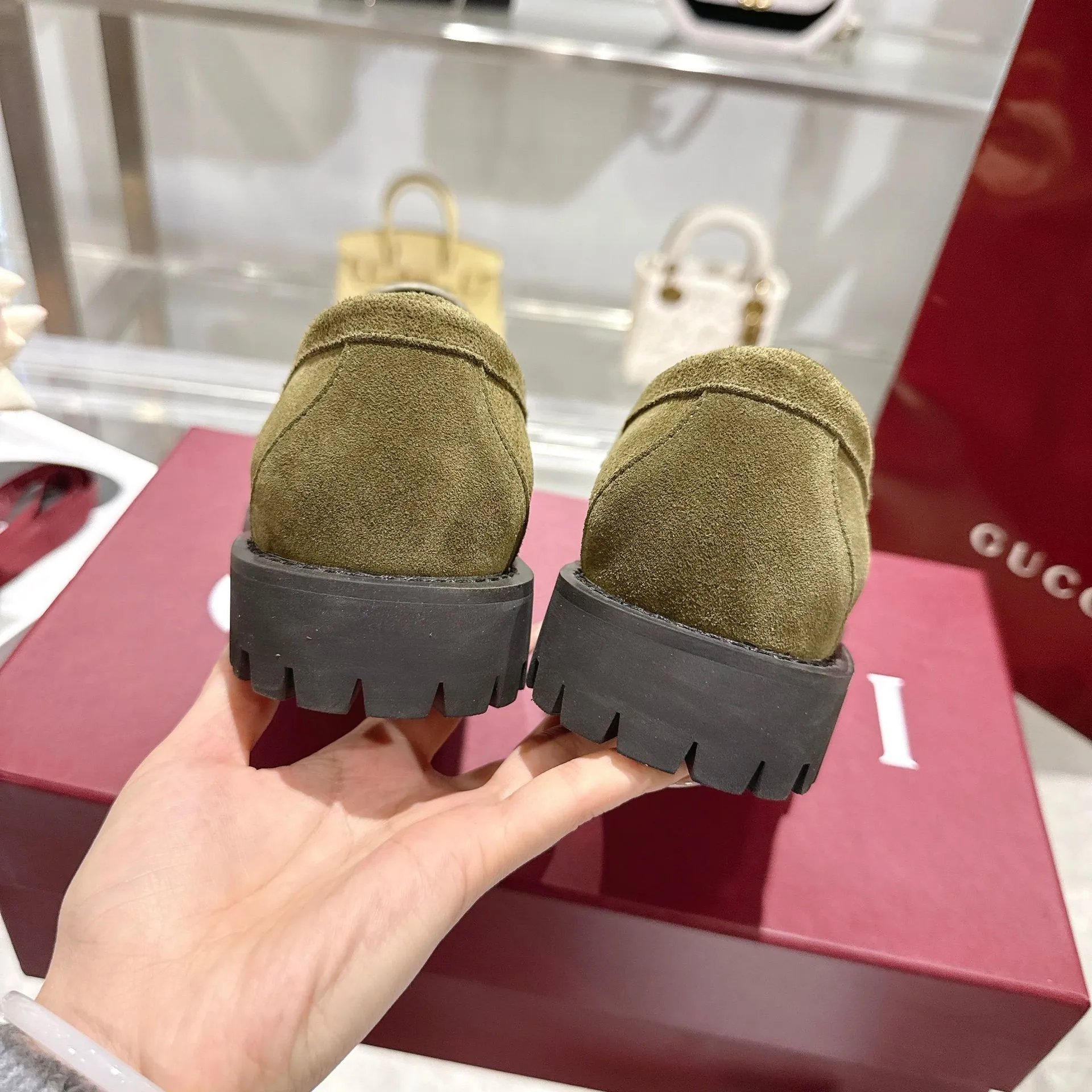 Gucci Horsebit Loafer Olive Green Suede Chunky Sole Loafers - 7