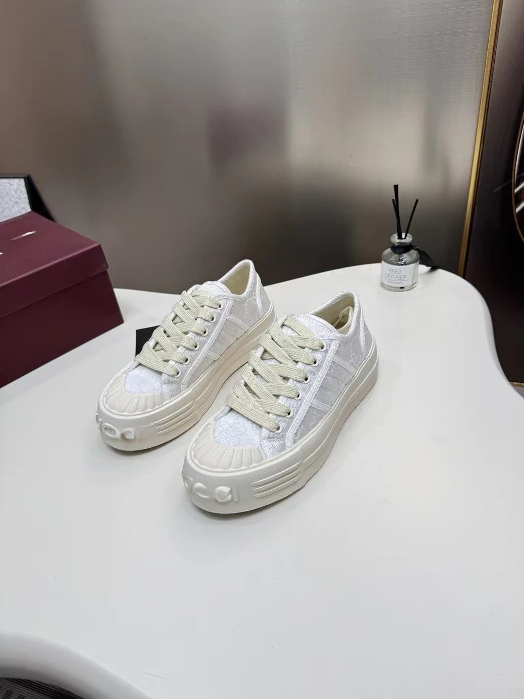 Gucci Rhyton GG Canvas Beige and White Chunky Sneakers - 7