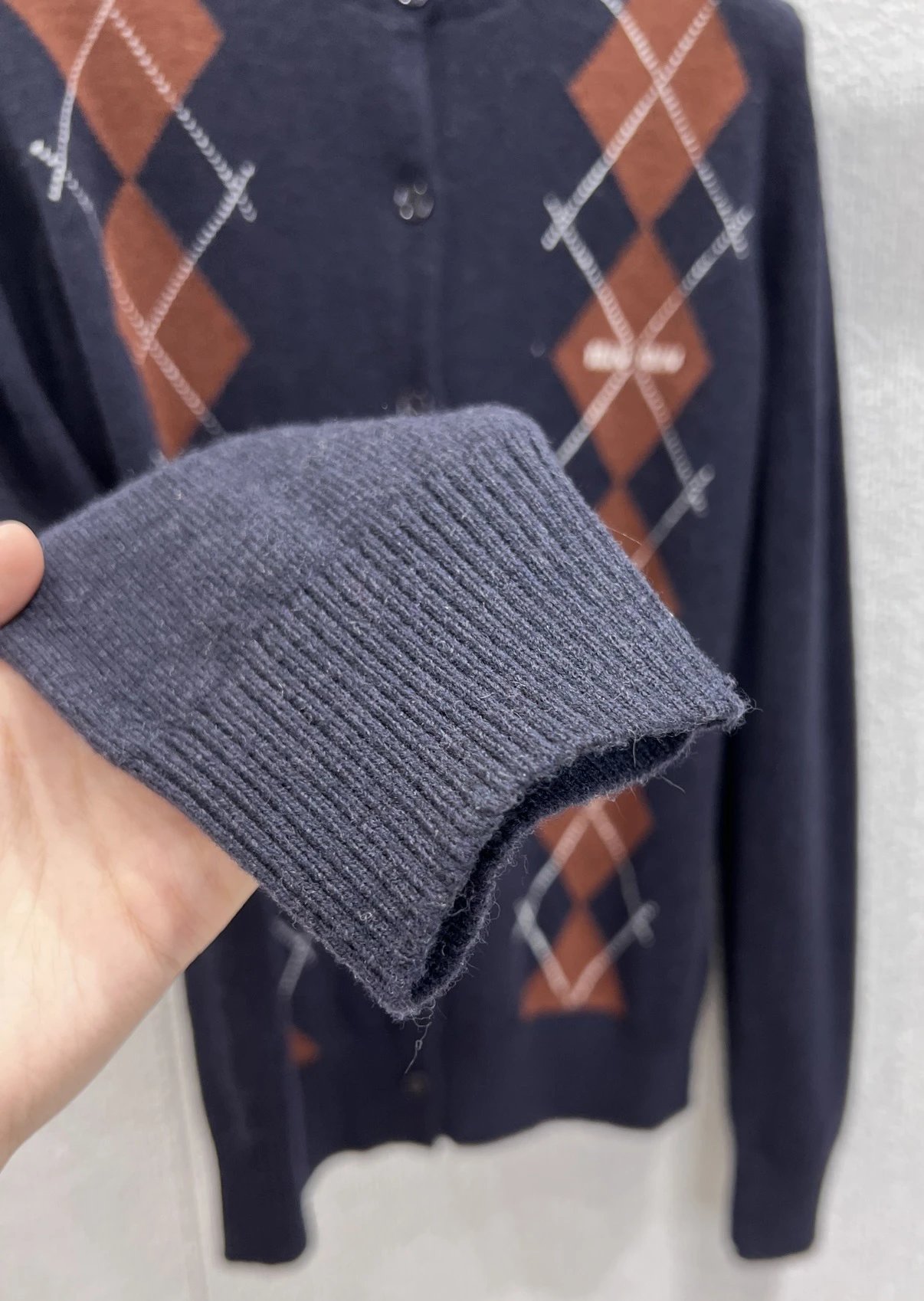 Miu Miu Argyle Knit Short-Sleeve Sweater Navy Brown Beige - 10