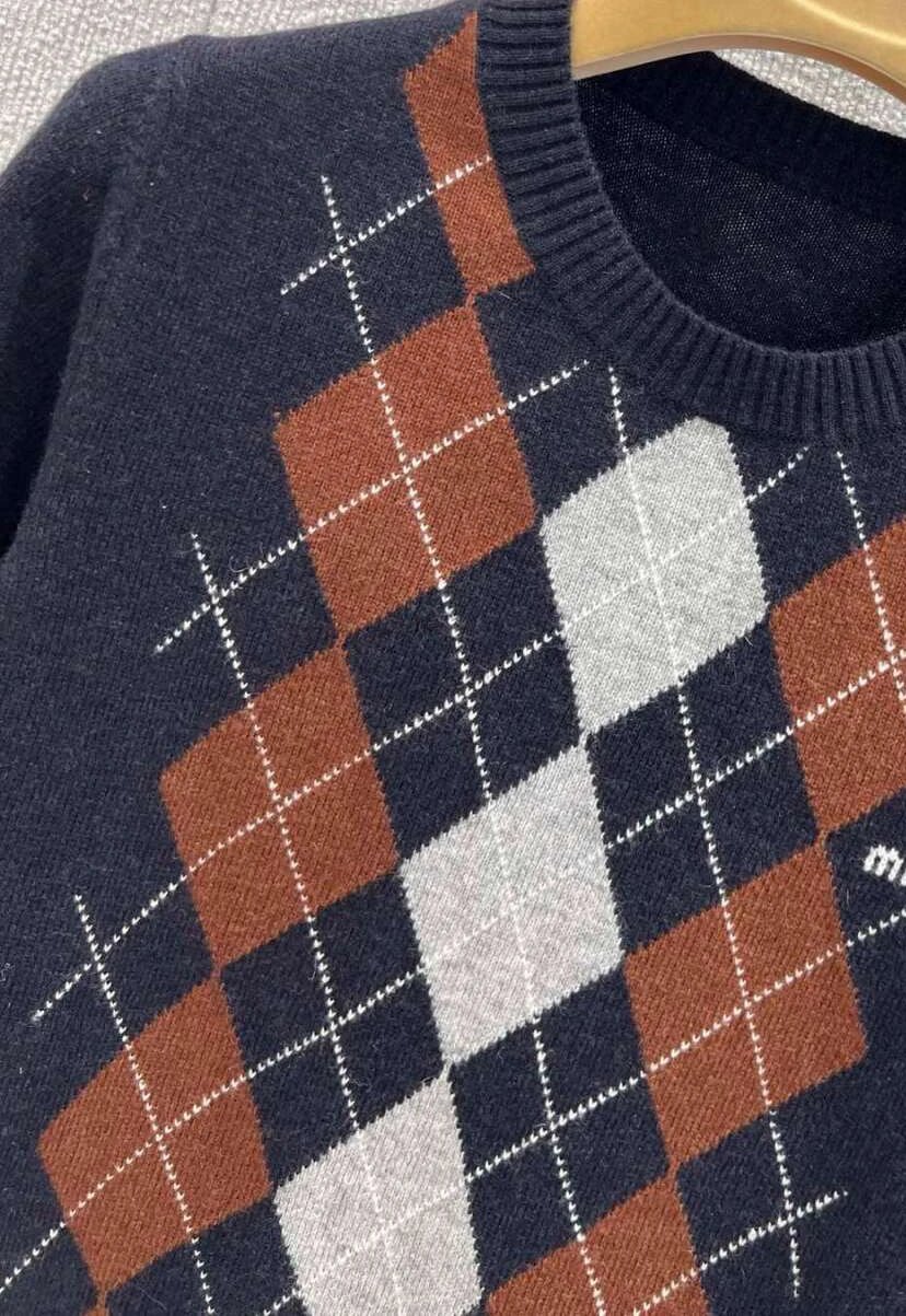Miu Miu Argyle Knit Short-Sleeve Sweater Navy Brown Beige - 15