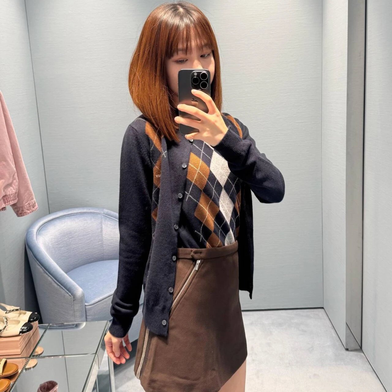 Miu Miu Argyle Knit Short-Sleeve Sweater Navy Brown Beige - 22