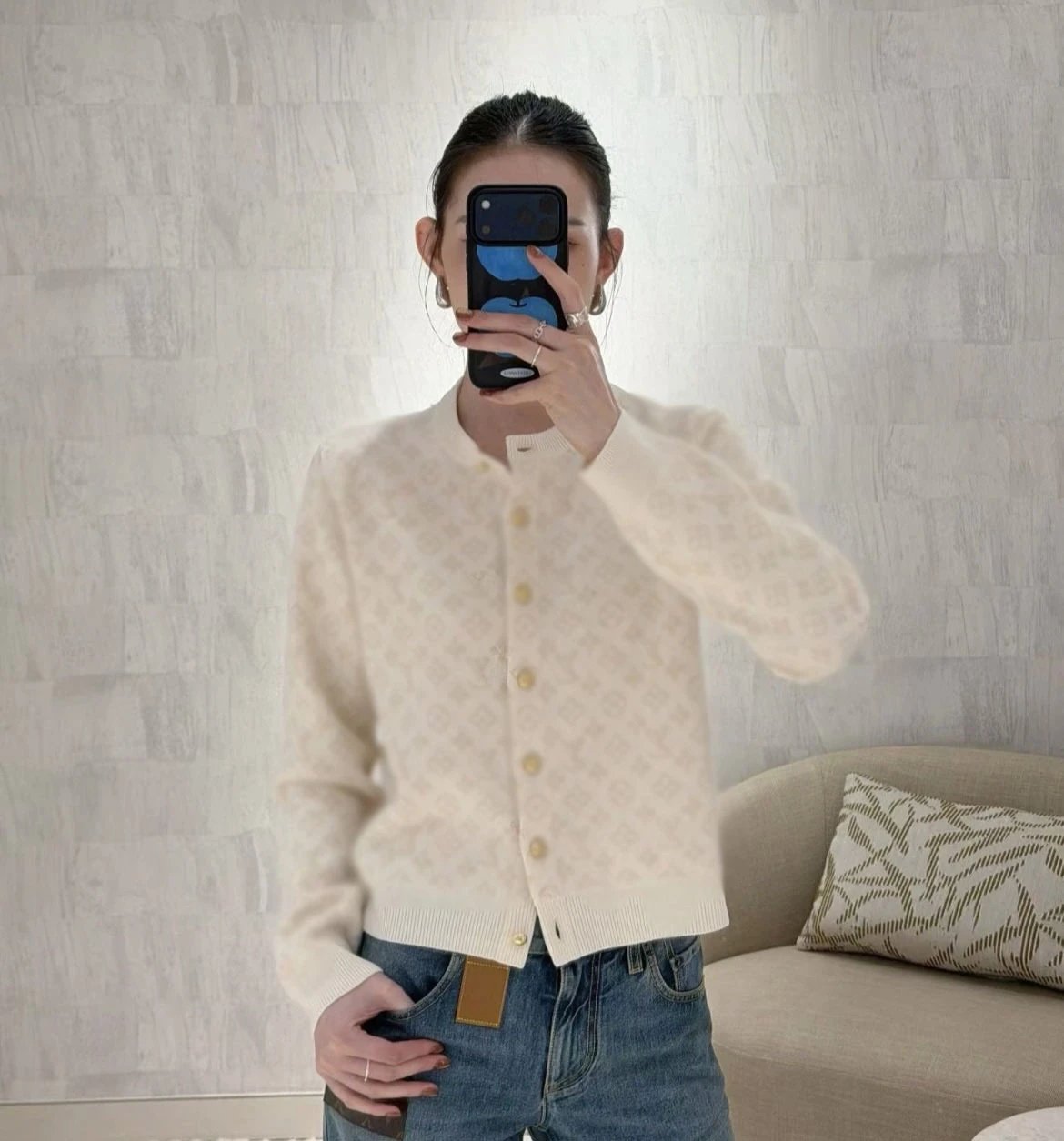 Louis Vuitton Monogram Knit Cardigan Beige Cream Sweater - 15