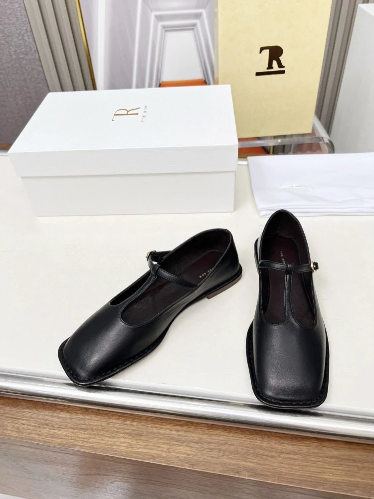 The Row Mary Jane Black Leather Flat Shoes - 6