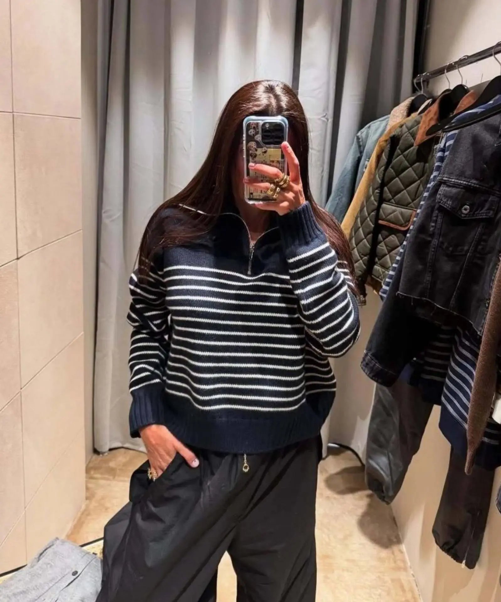 AMA Half-Zip Striped Knit Sweater Navy - 4