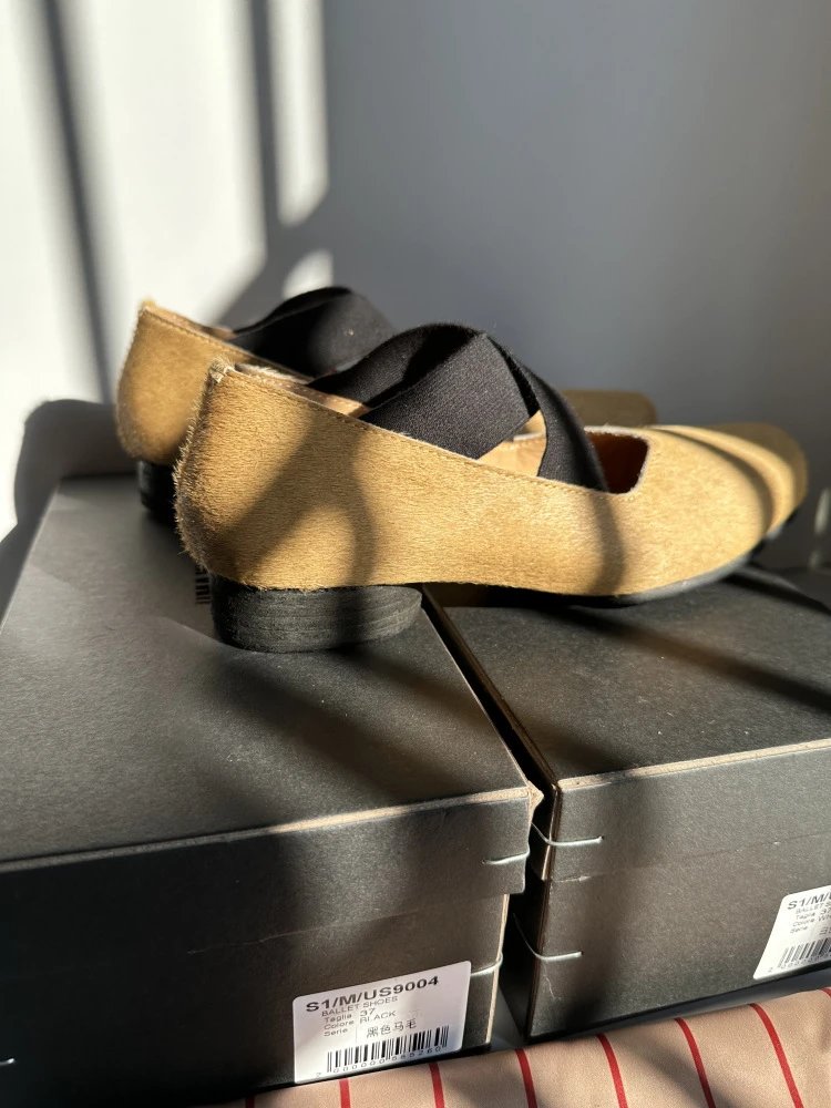 Design Mary Jane Flats Beige Suede with Black Strap Casual Shoes - 19