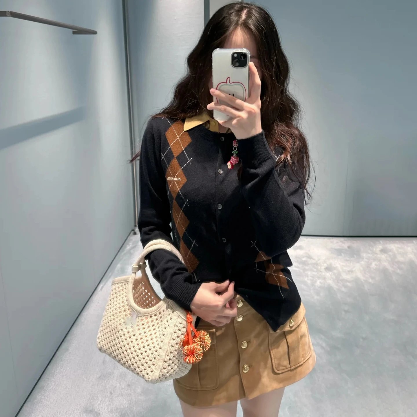 Miu Miu Argyle Knit Short-Sleeve Sweater Navy Brown Beige - 19