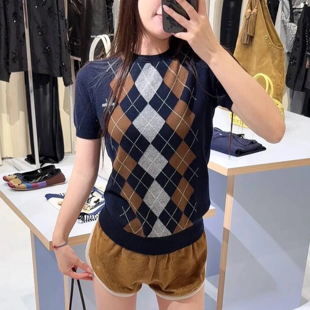 Miu Miu Argyle Knit Short-Sleeve Sweater Navy Brown Beige - 25